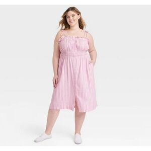 Women's Smocked Midi Dress Universal Thread Pink Striped 2X